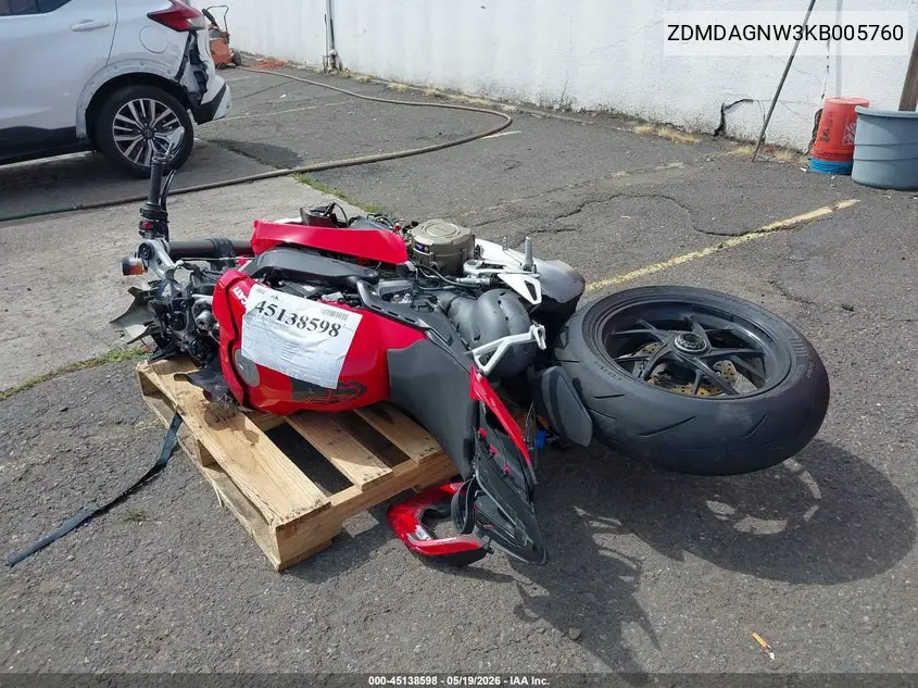 2019 Ducati Panigale V4/V4S/V4S Speciale VIN: ZDMDAGNW3KB005760 Lot: 45138598