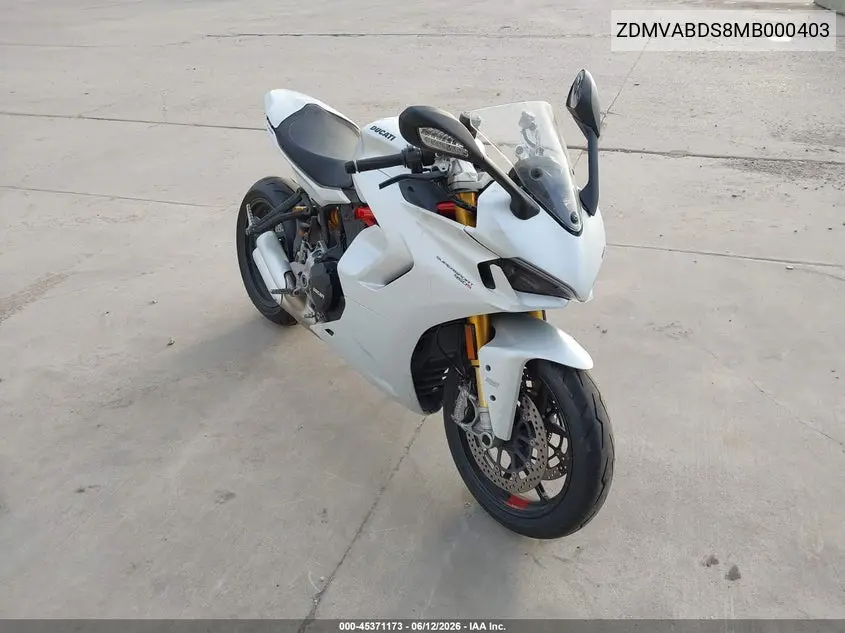 2021 Ducati Supersport VIN: ZDMVABDS8MB000403 Lot: 45371173
