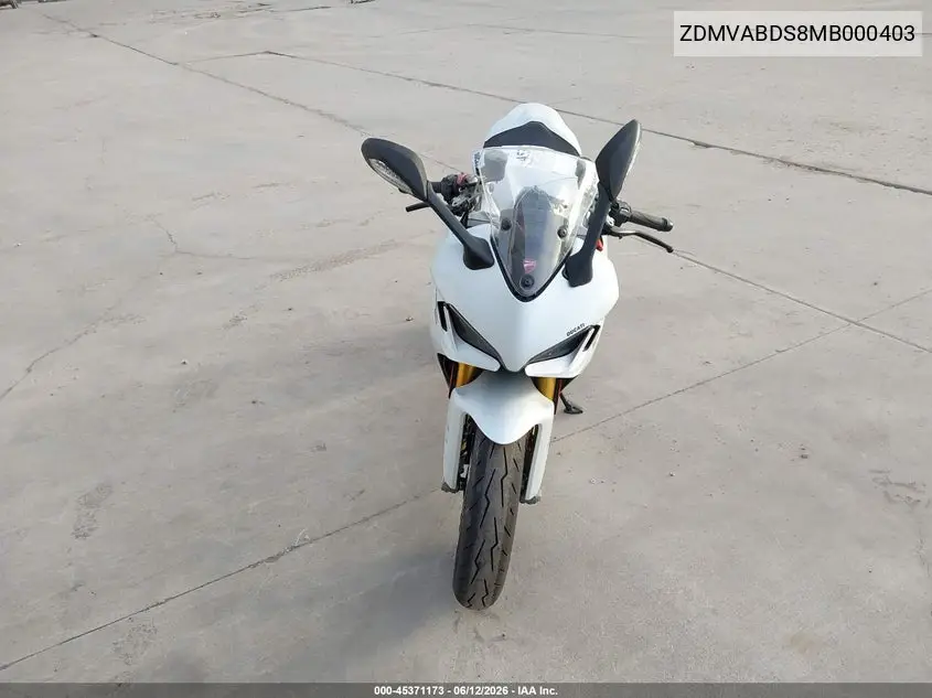 2021 Ducati Supersport VIN: ZDMVABDS8MB000403 Lot: 45371173