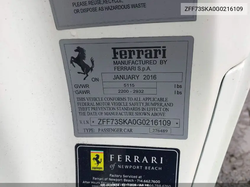 2016 Ferrari Ff VIN: ZFF73SKA0G0216109 Lot: 44369654