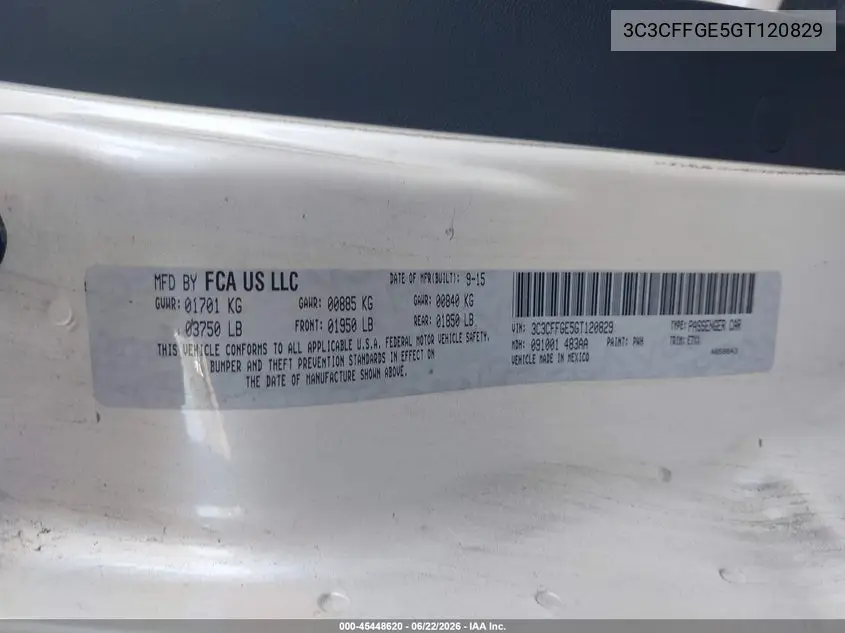 2016 Fiat 500E Battery Electric VIN: 3C3CFFGE5GT120829 Lot: 45448620