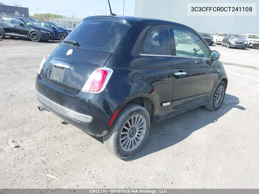 2012 Fiat 500 Lounge VIN: 3C3CFFCR0CT241108 Lot: 12612333x