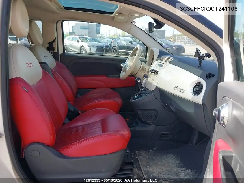 2012 Fiat 500 Lounge VIN: 3C3CFFCR0CT241108 Lot: 12612333x