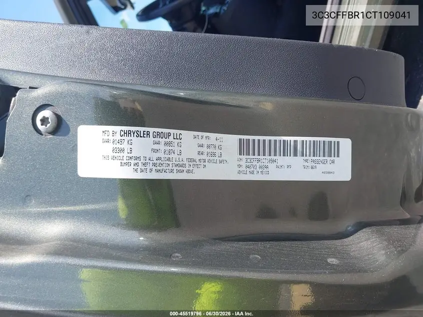 2012 Fiat 500 Sport VIN: 3C3CFFBR1CT109041 Lot: 45519796