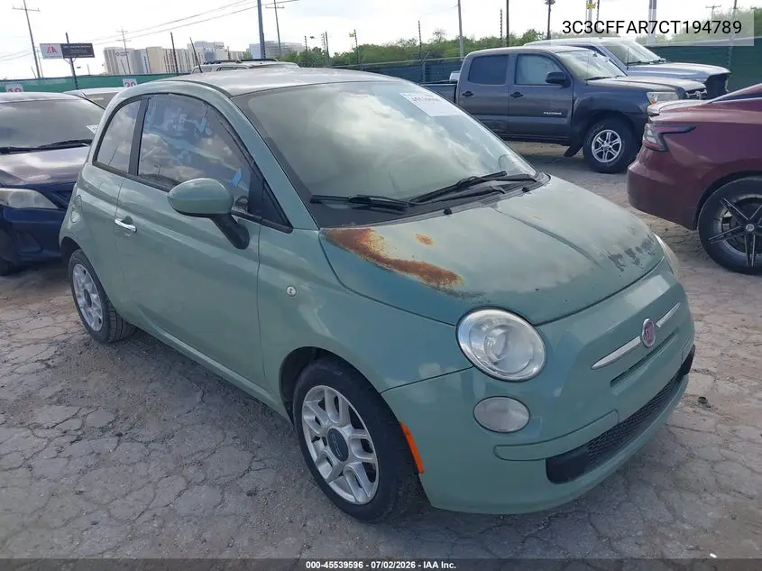 2012 Fiat 500 Pop VIN: 3C3CFFAR7CT194789 Lot: 45539596