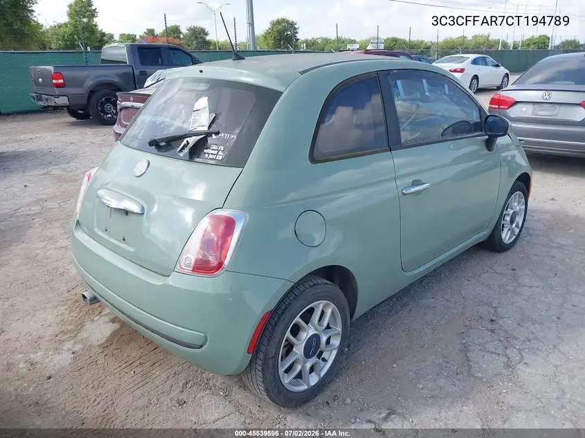 2012 Fiat 500 Pop VIN: 3C3CFFAR7CT194789 Lot: 45539596