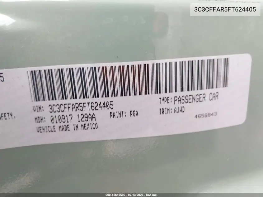 2015 Fiat 500 Pop VIN: 3C3CFFAR5FT624405 Lot: 45619590