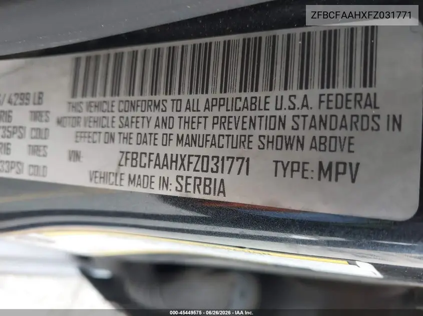 2015 Fiat 500L Pop VIN: ZFBCFAAHXFZ031771 Lot: 45449575