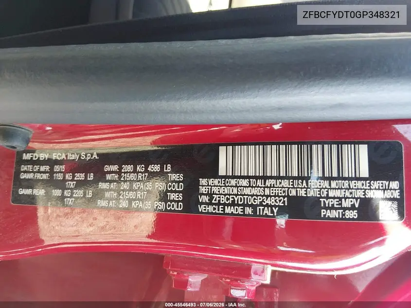 2016 Fiat 500X Lounge VIN: ZFBCFYDT0GP348321 Lot: 45546493