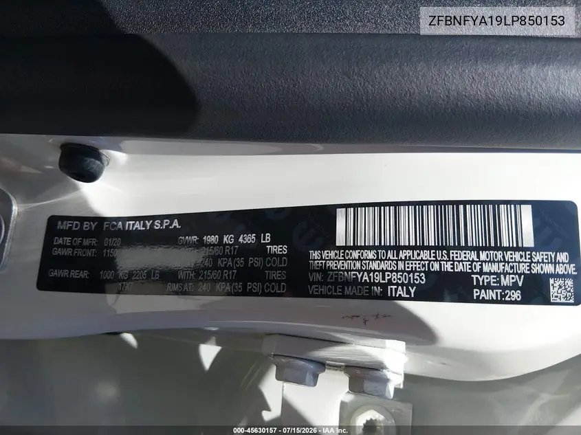 2020 Fiat 500X Pop Awd VIN: ZFBNFYA19LP850153 Lot: 45630157