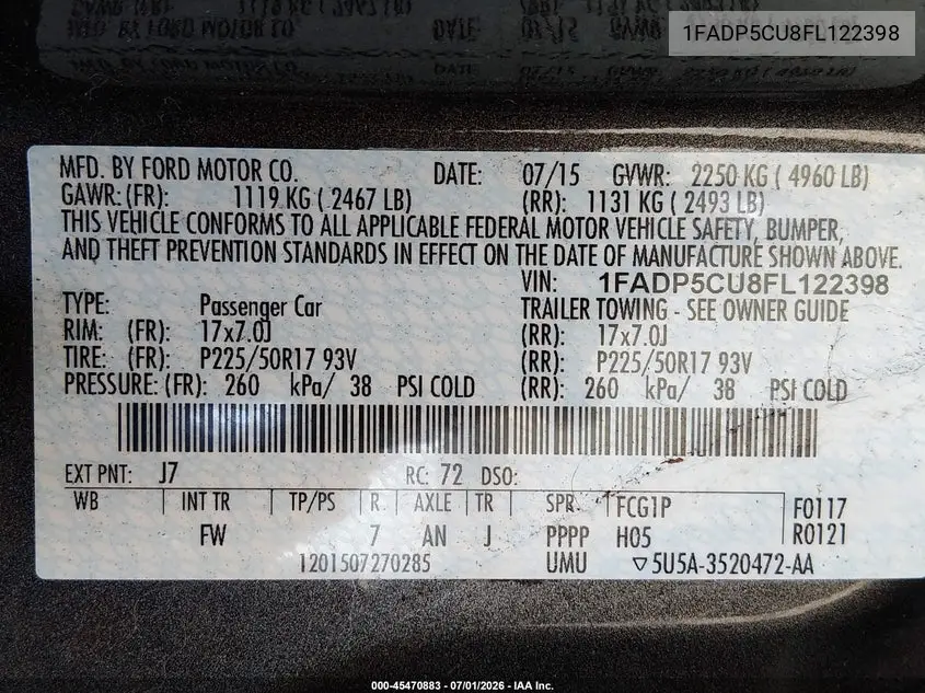 2015 Ford C-Max Energi Sel VIN: 1FADP5CU8FL122398 Lot: 45470883