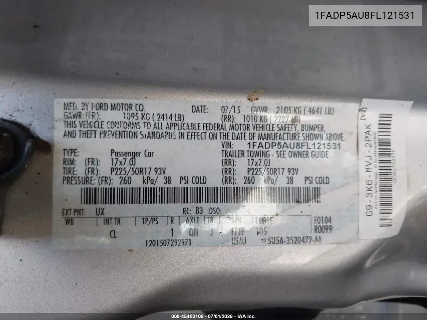 2015 Ford C-Max Hybrid Se VIN: 1FADP5AU8FL121531 Lot: 45483108