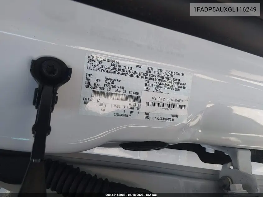 2016 Ford C-Max Hybrid Se VIN: 1FADP5AUXGL116249 Lot: 45159028