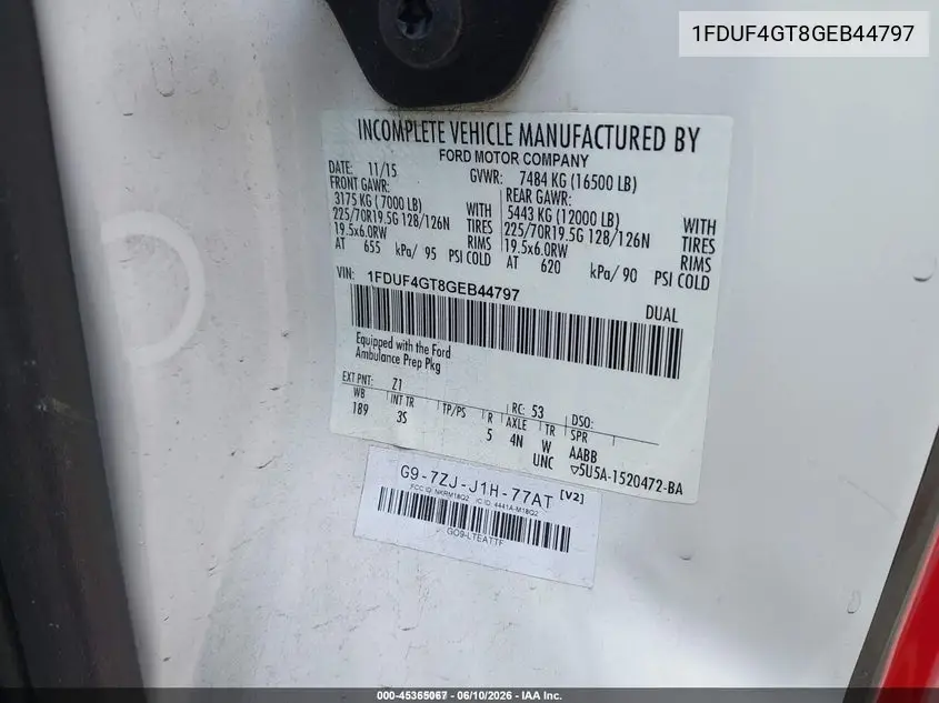 2016 Ford F-450 Chassis Xlt VIN: 1FDUF4GT8GEB44797 Lot: 45365067