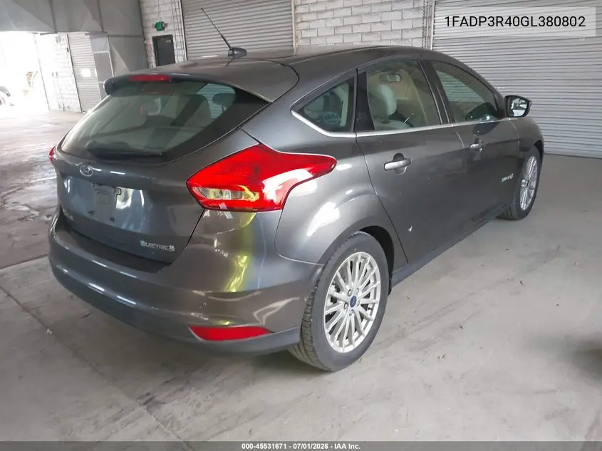 2016 Ford Focus Electric VIN: 1FADP3R40GL380802 Lot: 45531671