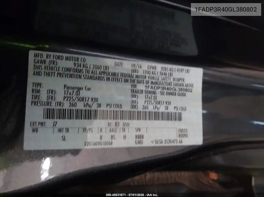 2016 Ford Focus Electric VIN: 1FADP3R40GL380802 Lot: 45531671