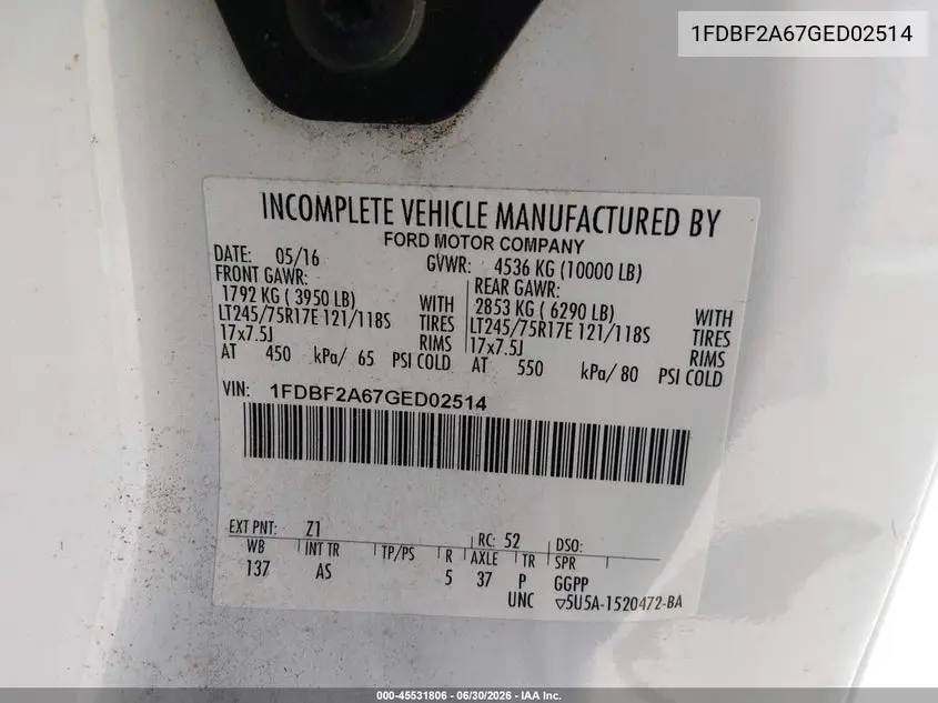 2016 Ford F-250 Xl/Xlt VIN: 1FDBF2A67GED02514 Lot: 45531806