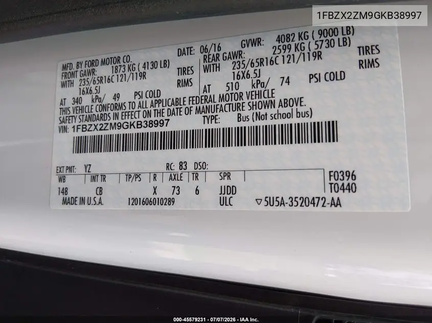 2016 Ford Transit-350 Xl VIN: 1FBZX2ZM9GKB38997 Lot: 45579231