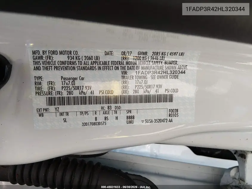 2017 Ford Focus Electric VIN: 1FADP3R42HL320344 Lot: 45531633