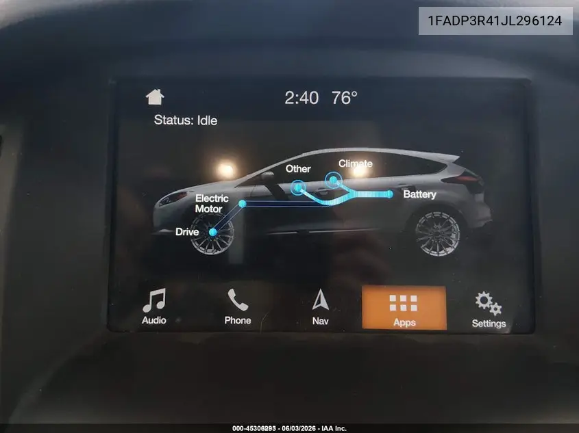 2018 Ford Focus Electric VIN: 1FADP3R41JL296124 Lot: 45306293