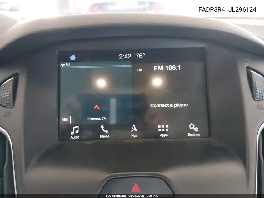 2018 Ford Focus Electric VIN: 1FADP3R41JL296124 Lot: 45306293