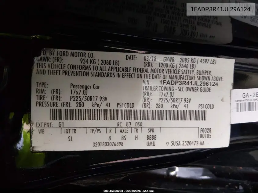 2018 Ford Focus Electric VIN: 1FADP3R41JL296124 Lot: 45306293