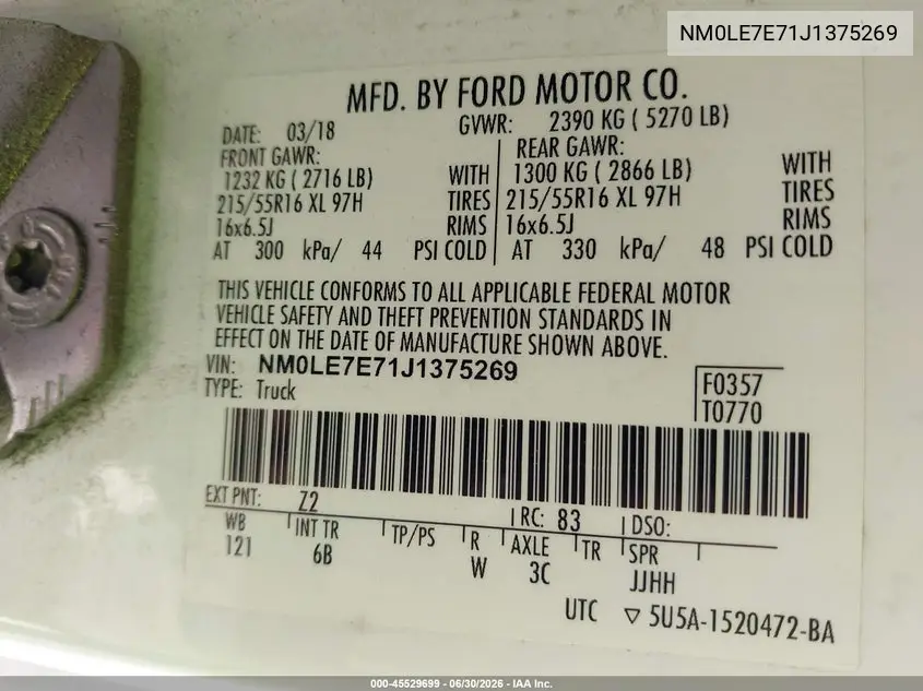 2018 Ford Transit Connect Xl VIN: NM0LE7E71J1375269 Lot: 45529699