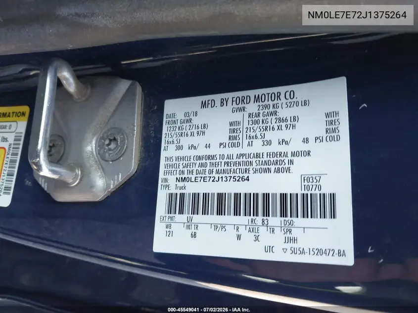 2018 Ford Transit Connect Xl VIN: NM0LE7E72J1375264 Lot: 45549041