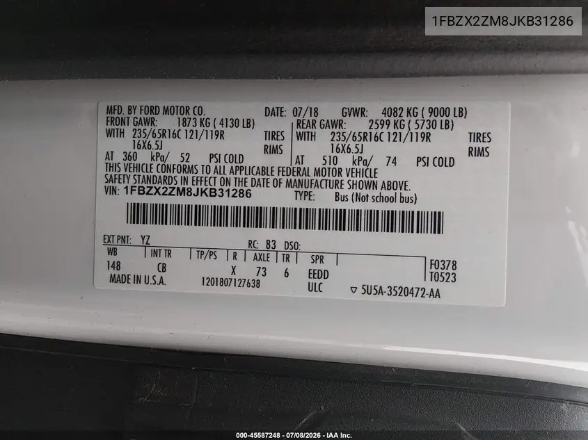 2018 Ford Transit-350 Xl VIN: 1FBZX2ZM8JKB31286 Lot: 45587248