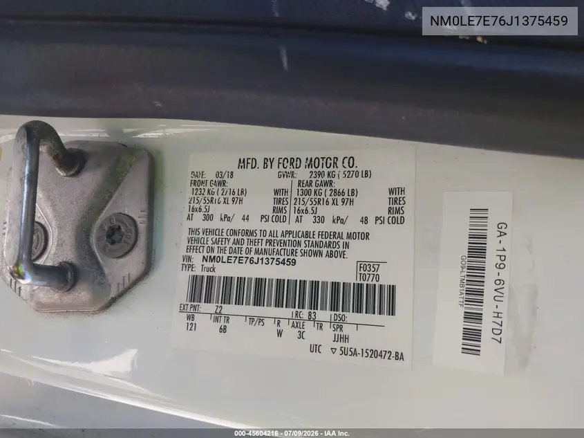 2018 Ford Transit Connect Xl VIN: NM0LE7E76J1375459 Lot: 45604216
