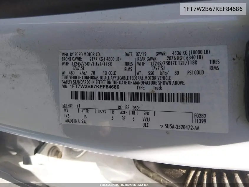 2019 Ford F-250 Xl VIN: 1FT7W2B67KEF84686 Lot: 45592605