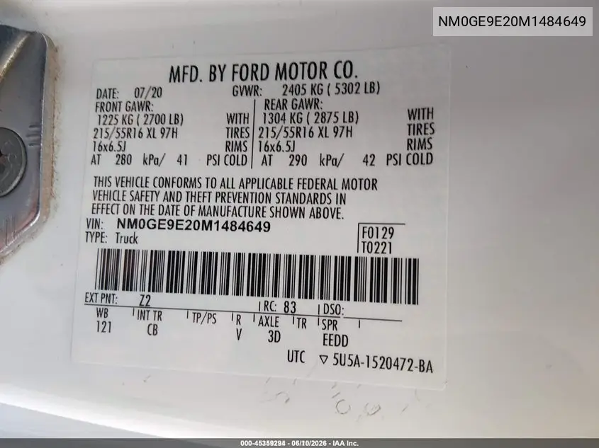 2021 Ford Transit Connect Xl Passenger VIN: NM0GE9E20M1484649 Lot: 45359294