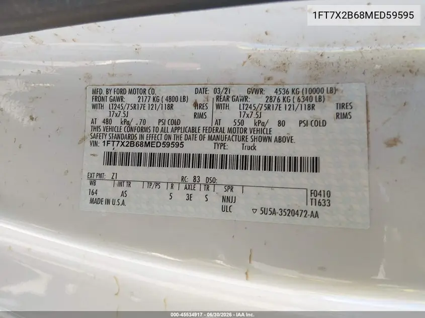 2021 Ford F-250 Lariat/Xl/Xlt VIN: 1FT7X2B68MED59595 Lot: 45534917