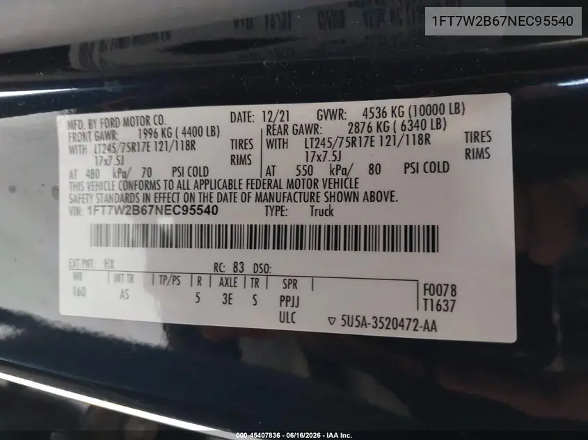 2022 Ford F-250 VIN: 1FT7W2B67NEC95540 Lot: 45407836