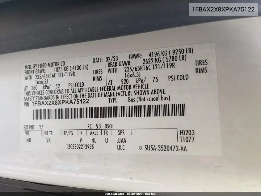2023 Ford Transit-350 Passenger Van Xl VIN: 1FBAX2X8XPKA75122 Lot: 45352291