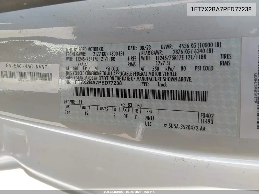 2023 Ford F-250 Xl VIN: 1FT7X2BA7PED77238 Lot: 45481996