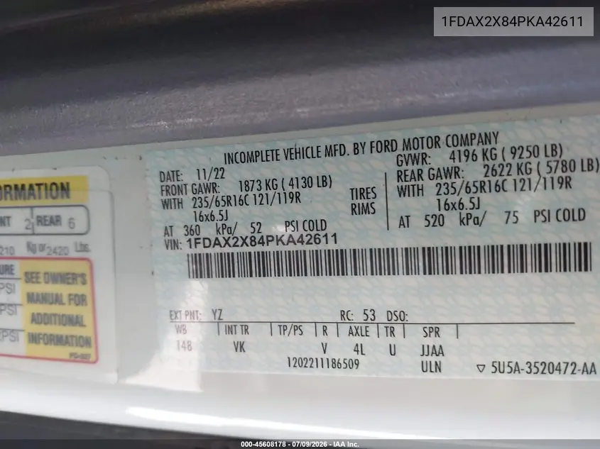 2023 Ford Transit-350 Passenger Van Xl VIN: 1FDAX2X84PKA42611 Lot: 45608178