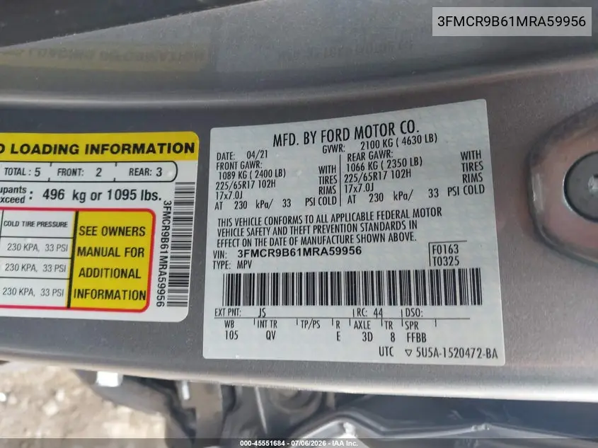 2021 Ford Bronco Sport Big Bend VIN: 3FMCR9B61MRA59956 Lot: 45551684