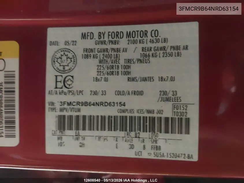 2022 Ford Bronco Sport Big Bend VIN: 3FMCR9B64NRD63154 Lot: 12608540