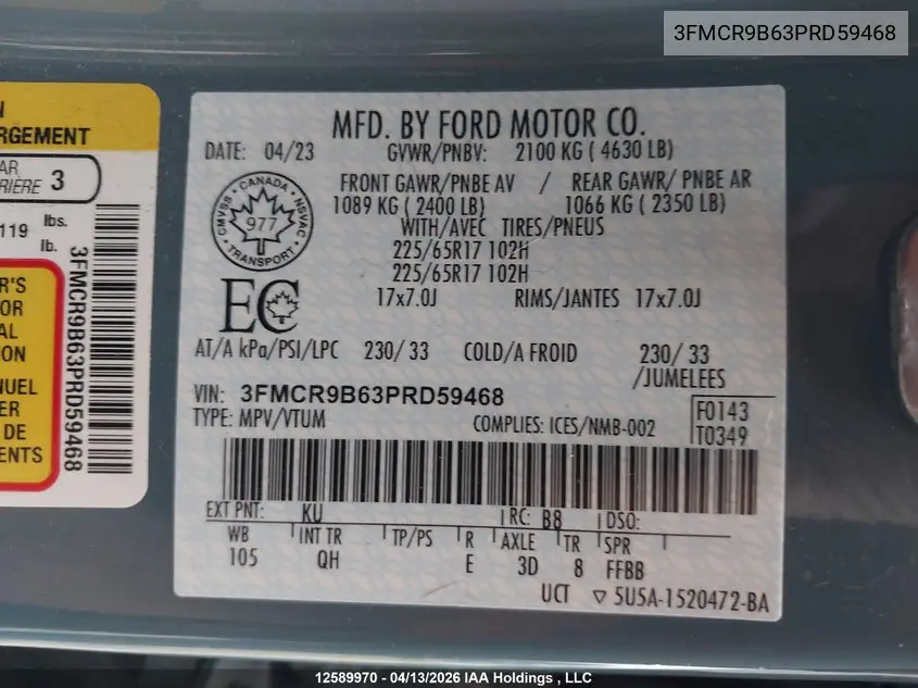 2023 Ford Bronco Sport Big Bend VIN: 3FMCR9B63PRD59468 Lot: 12589970