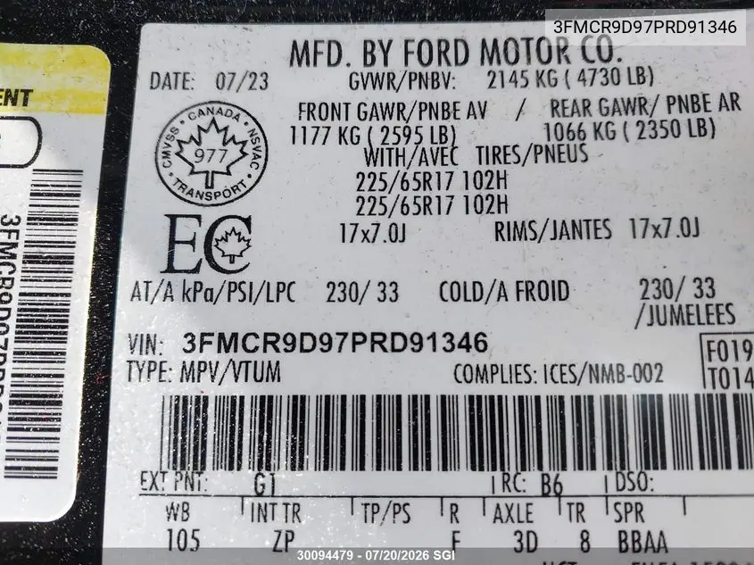 2023 Ford Bronco Sport Badlands VIN: 3FMCR9D97PRD91346 Lot: 30094479