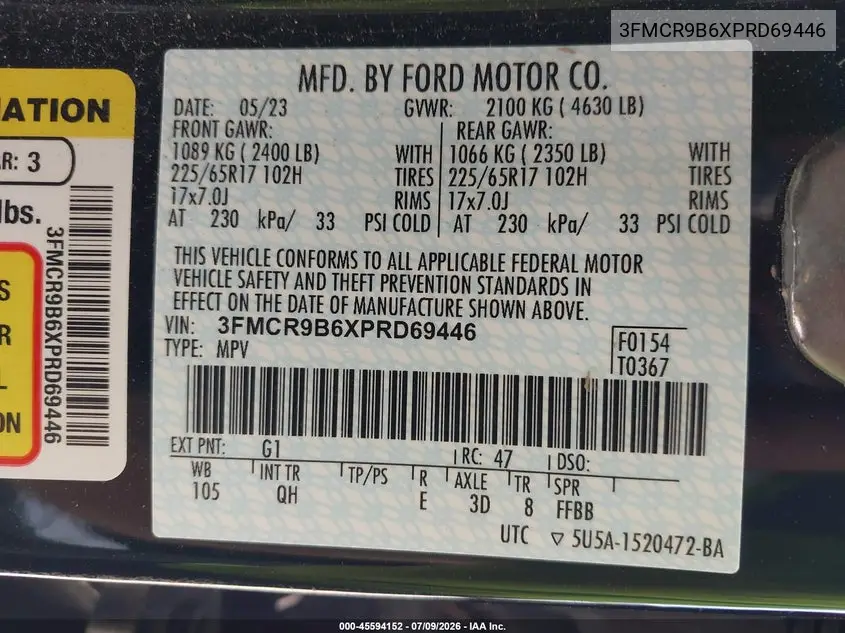 2023 Ford Bronco Sport Big Bend VIN: 3FMCR9B6XPRD69446 Lot: 45594152