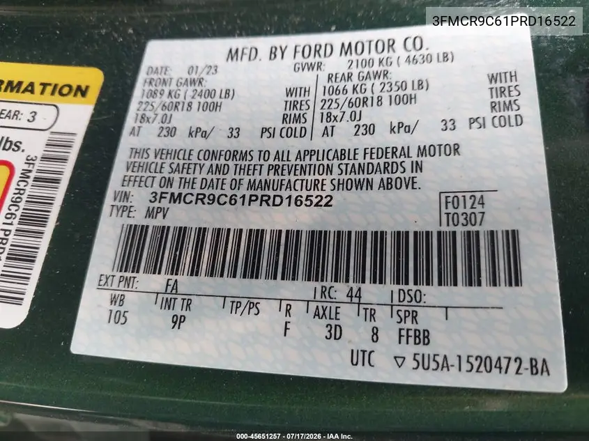 2023 Ford Bronco Sport Outer Banks VIN: 3FMCR9C61PRD16522 Lot: 45651257