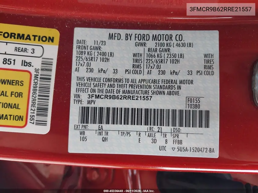 2024 Ford Bronco Sport Big Bend VIN: 3FMCR9B62RRE21557 Lot: 45336448