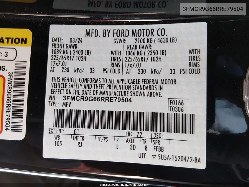 2024 Ford Bronco Sport Heritage VIN: 3FMCR9G66RRE79504 Lot: 45552235