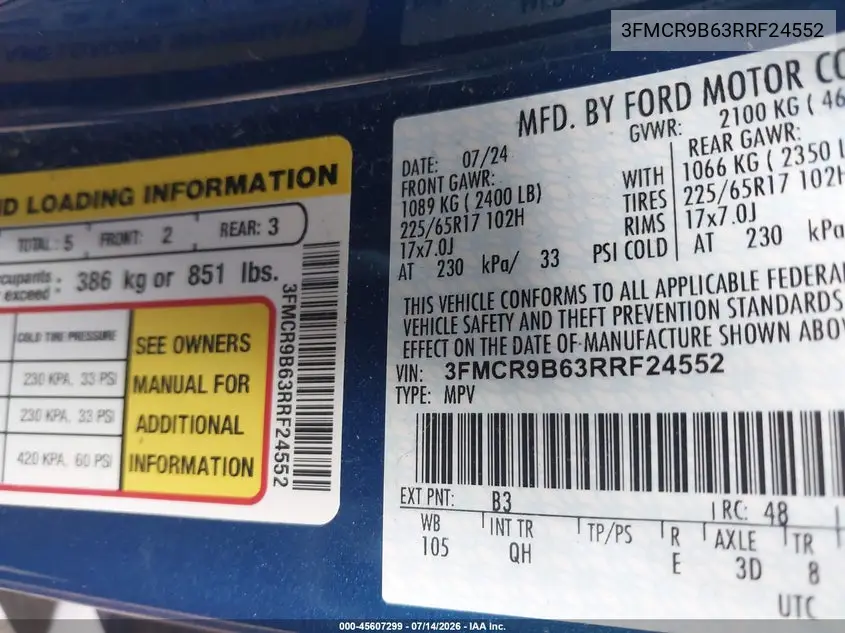 2024 Ford Bronco Sport Big Bend VIN: 3FMCR9B63RRF24552 Lot: 45607299
