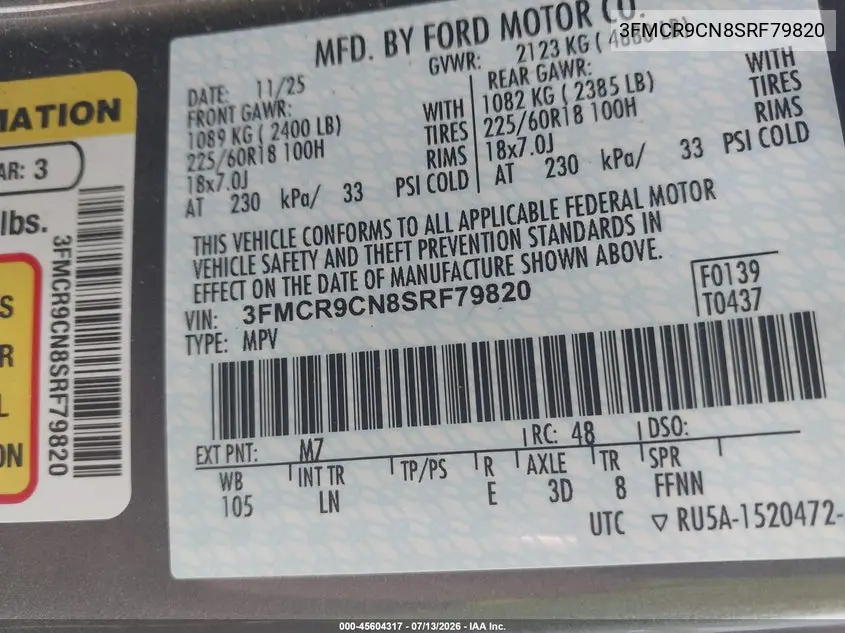 2025 Ford Bronco Sport Outer Banks VIN: 3FMCR9CN8SRF79820 Lot: 45604317