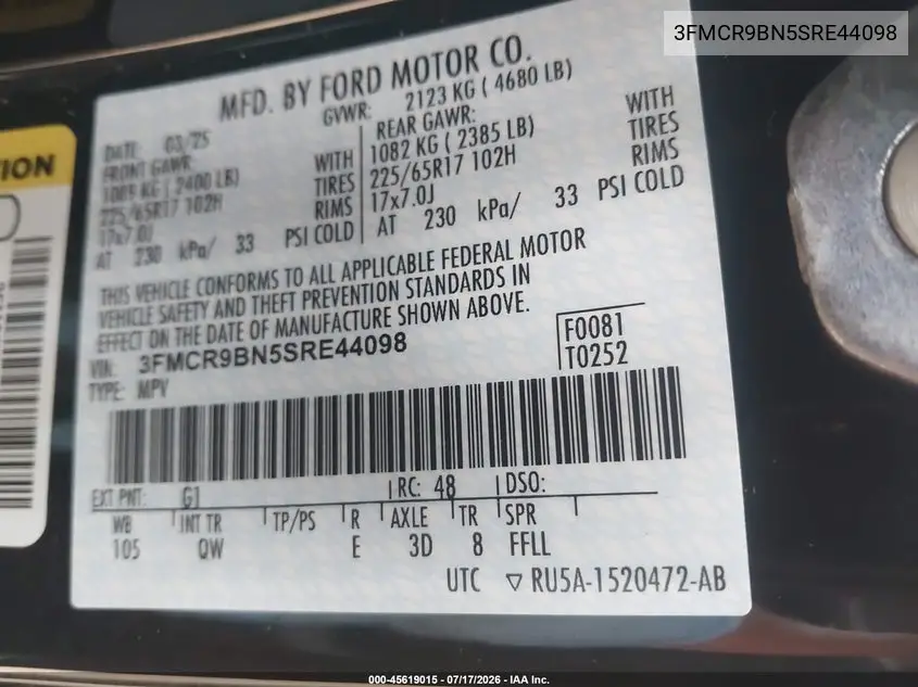 2025 Ford Bronco Sport Big Bend VIN: 3FMCR9BN5SRE44098 Lot: 45619015