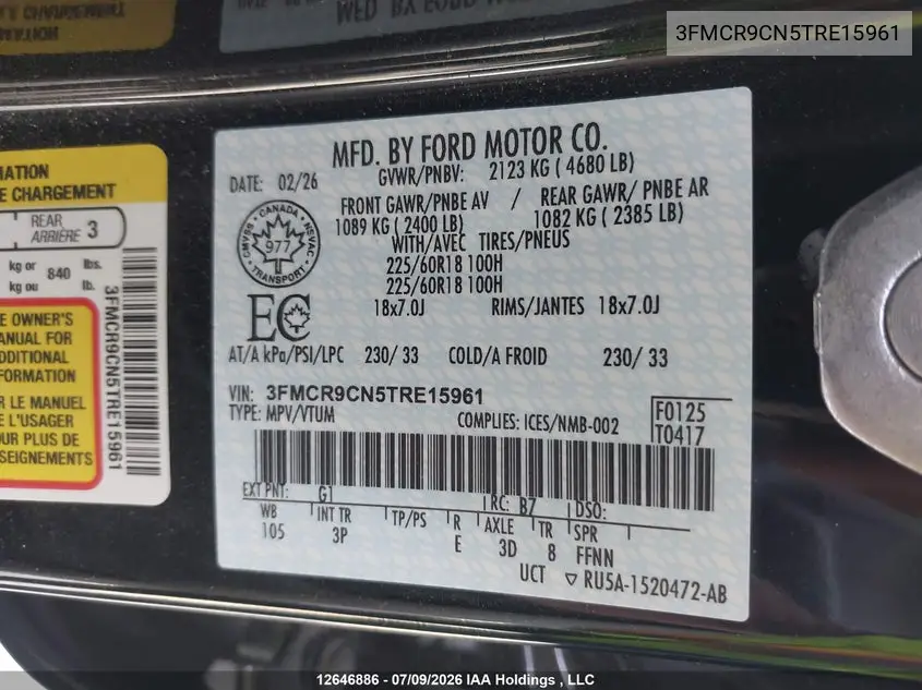 2026 Ford Bronco Sport Outer Banks VIN: 3FMCR9CN5TRE15961 Lot: 12646886