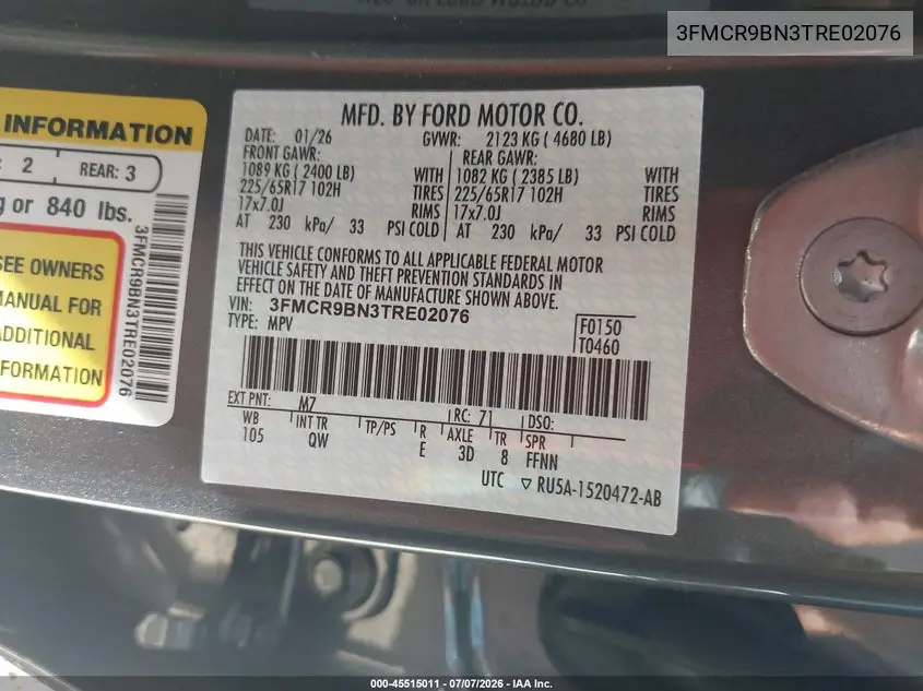 2026 Ford Bronco Sport Big Bend VIN: 3FMCR9BN3TRE02076 Lot: 45515011